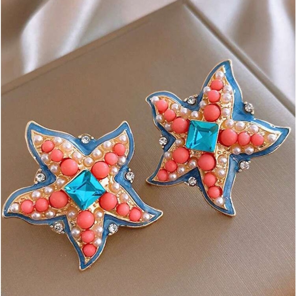 Tropical Starfish, Faux Pearl & Rice Bead Stud, Multi Color, Vacation Earrings